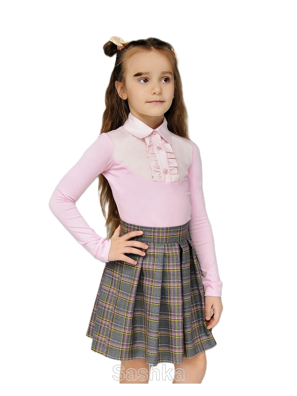 Спідниця для дівчинки Sashka шкільна сіро-рожева клітинка (напіввовна), розмір 116-152